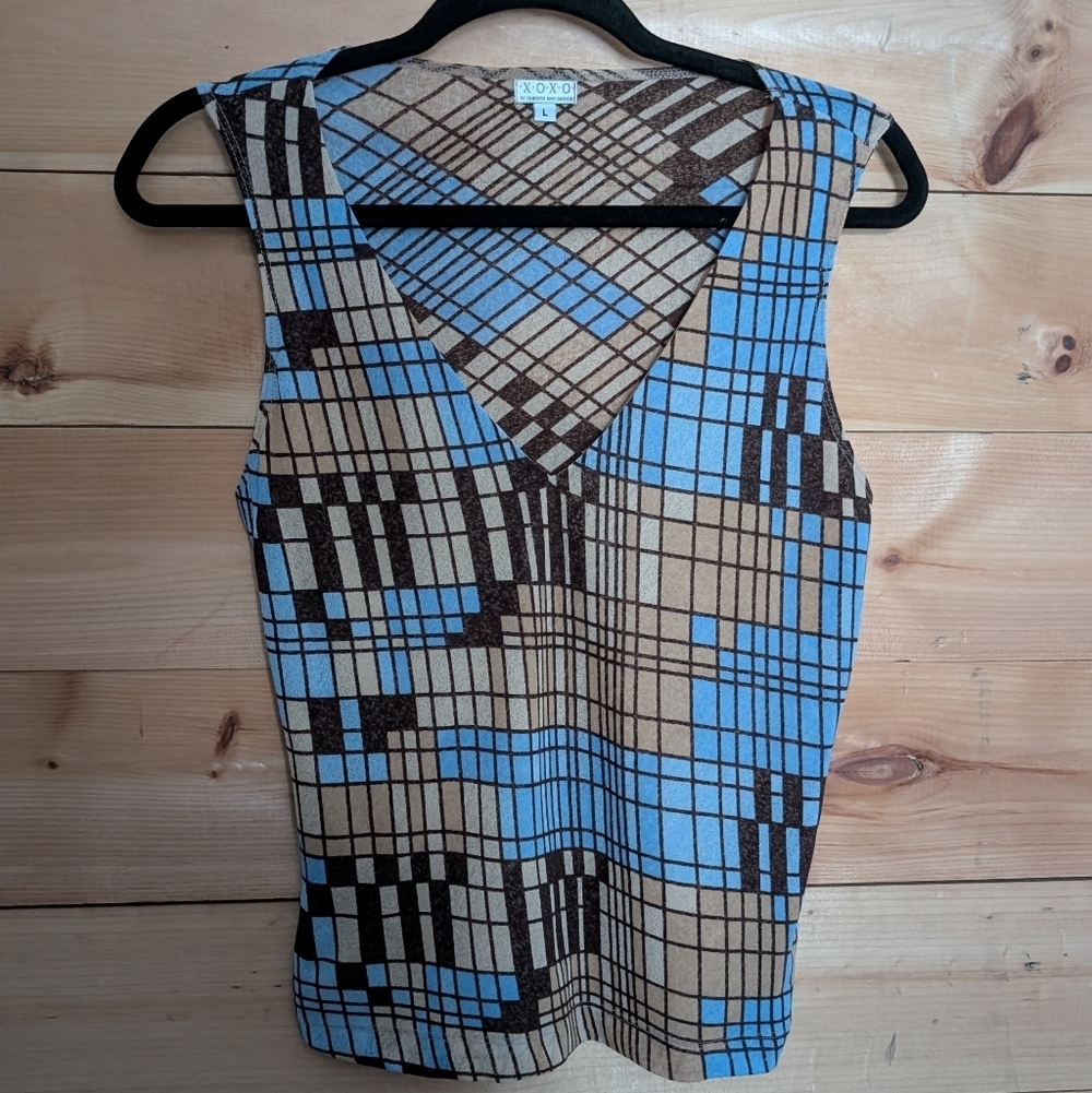 XOXO Blue and Brown Geometric Tank Top, Size Large
